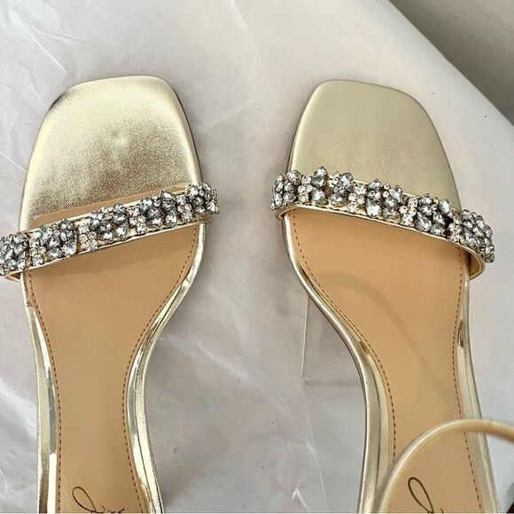 Jewel Badgely Mischka Angel Gold Metallic Jeweled Sandals Size 6.5 New in box - Picture 8 of 10